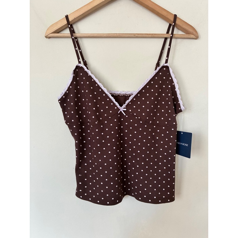 Pink Rose Babydoll Brown Polka Dot Ribbed Lace Trim Cami Top L Y2K Coquette NWT